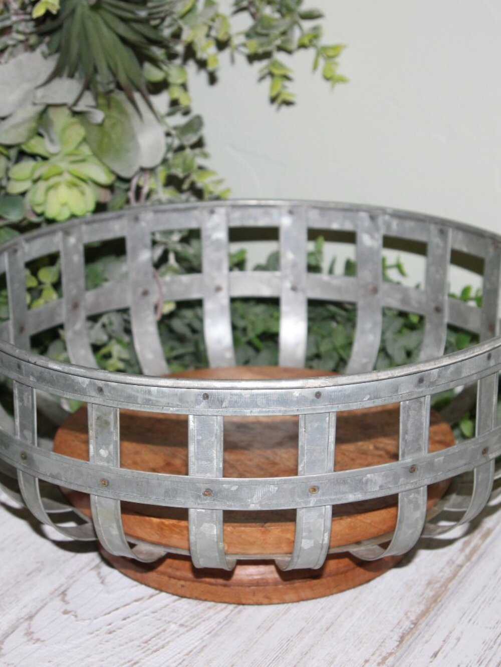 Large Galvanized Metal & Wood Farmhouse Pedestal Dish Bowl